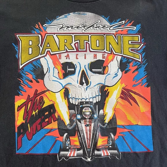 Vintage 90s Michael Bartone NHRA Drag Racing Team Skull Tshirt Size L Black EUC - Picture 3 of 8
